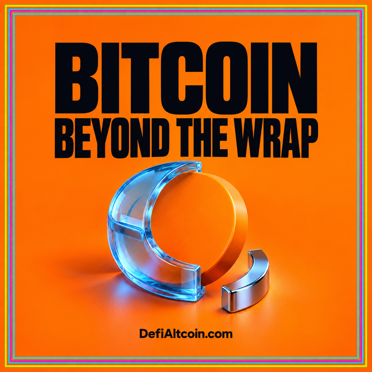 Neon Bitcoin typography with a bridge connecting a native coin and a wrapped token.