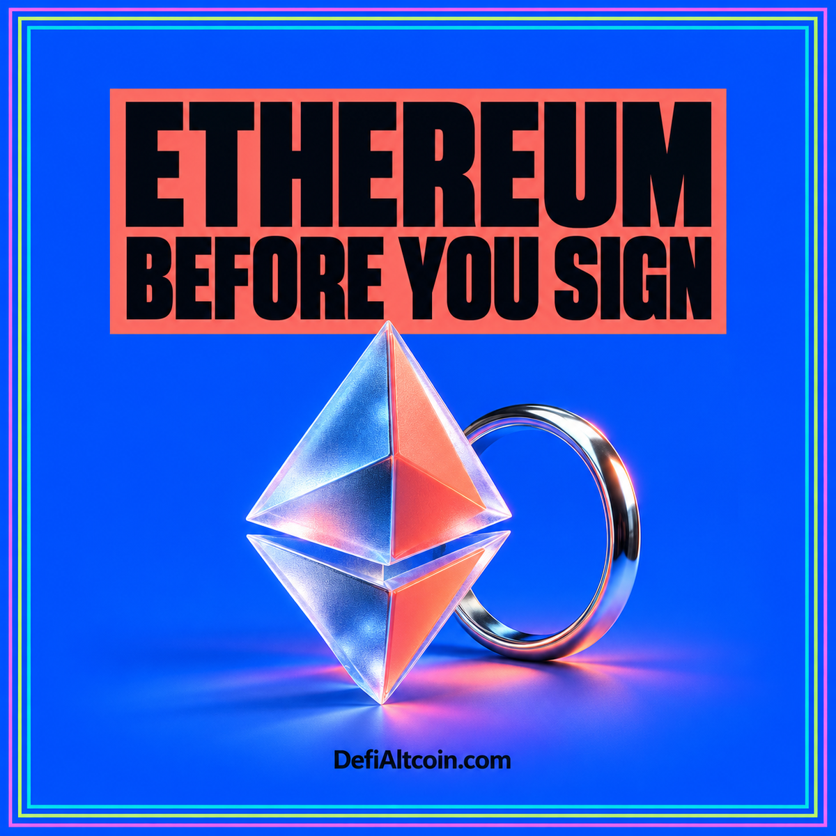 Neon Ethereum card connecting token approvals, gas, and layered network blocks.