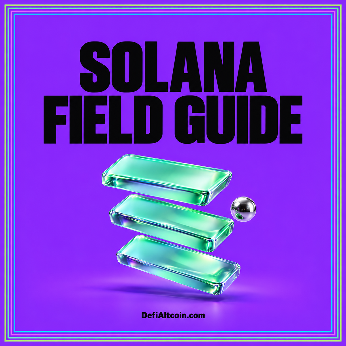 Bright Solana DeFi typography with a wallet, token identity card, and transaction checks.